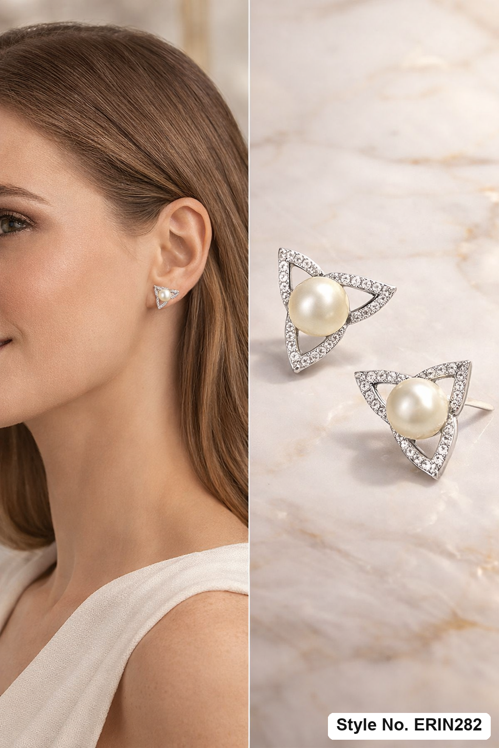 Triangular pave stone synthetic pearl center openwork stud earrings