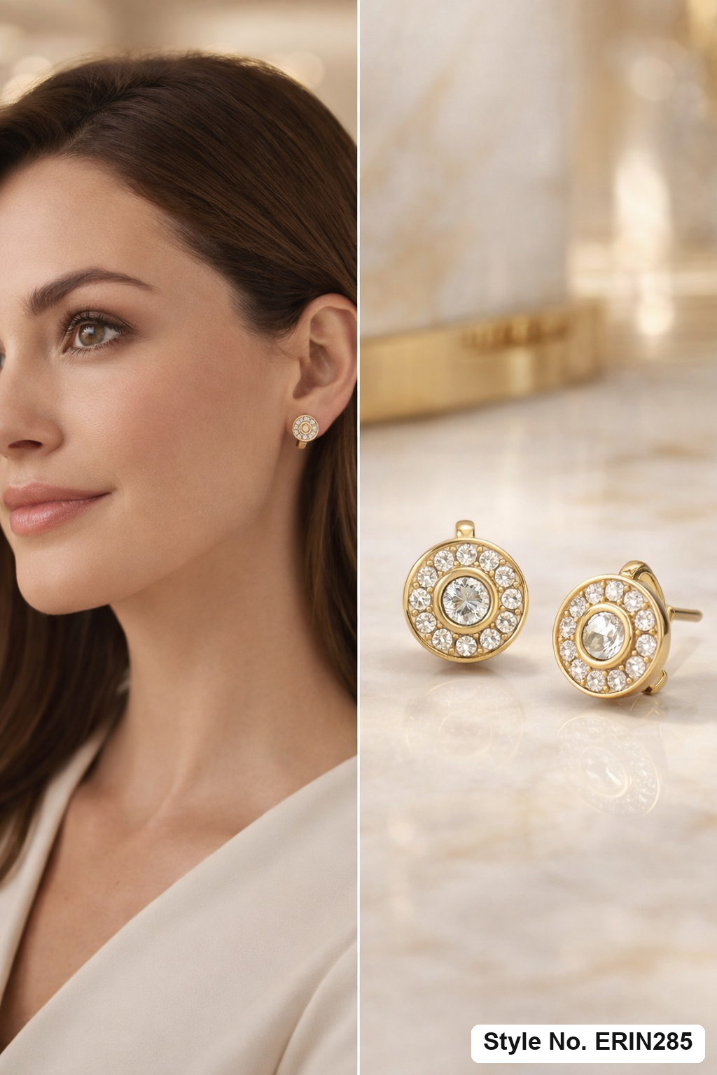 Bezel center stone round pave halo huggie hoop earrings