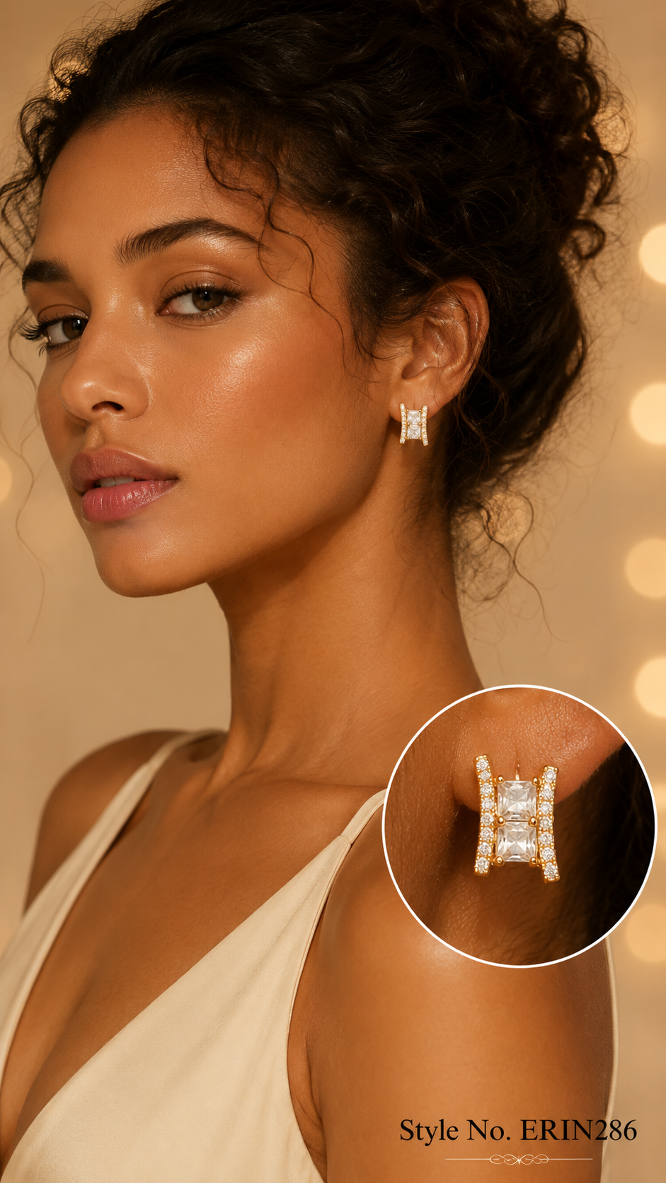 Emerald cut stone offset pave side bar geometric stud earrings