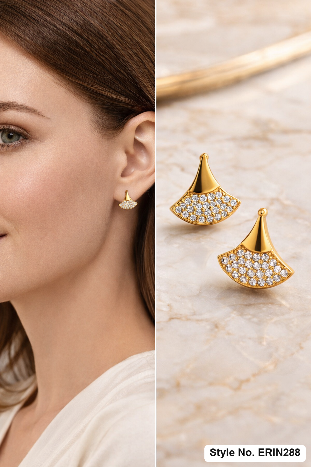 Geometric fan shape pave stone smooth metal stud earrings