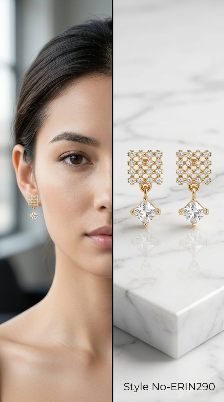 Geometric lattice pave stud princess cut stone drop earrings