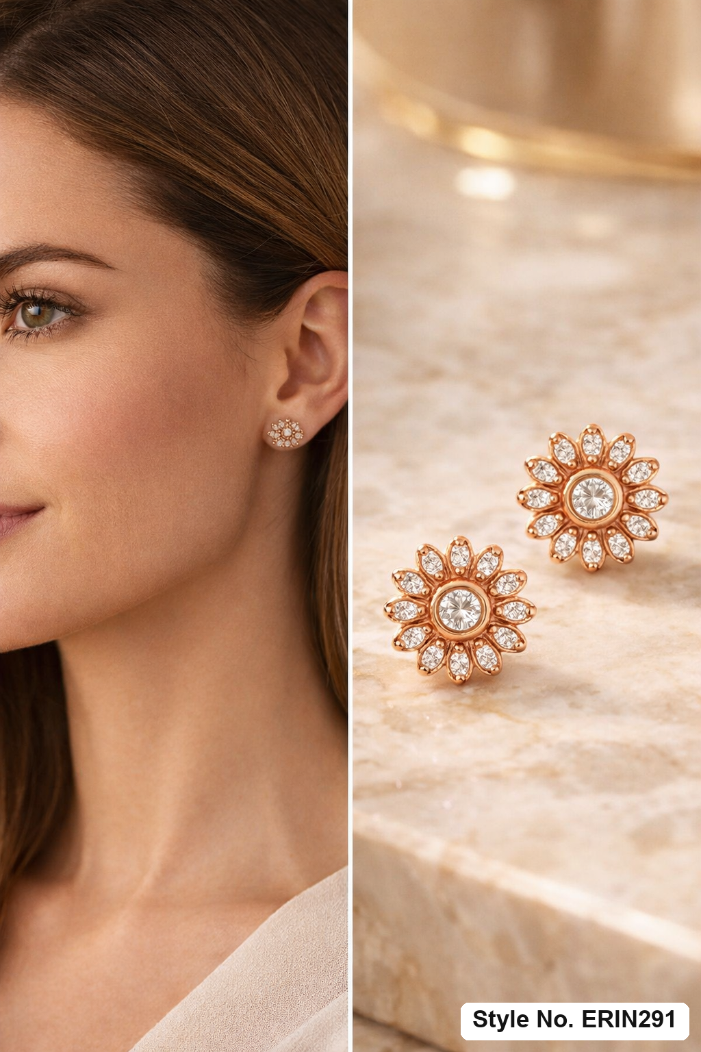 Bezel center stone floral sunflower pave petal stud earrings