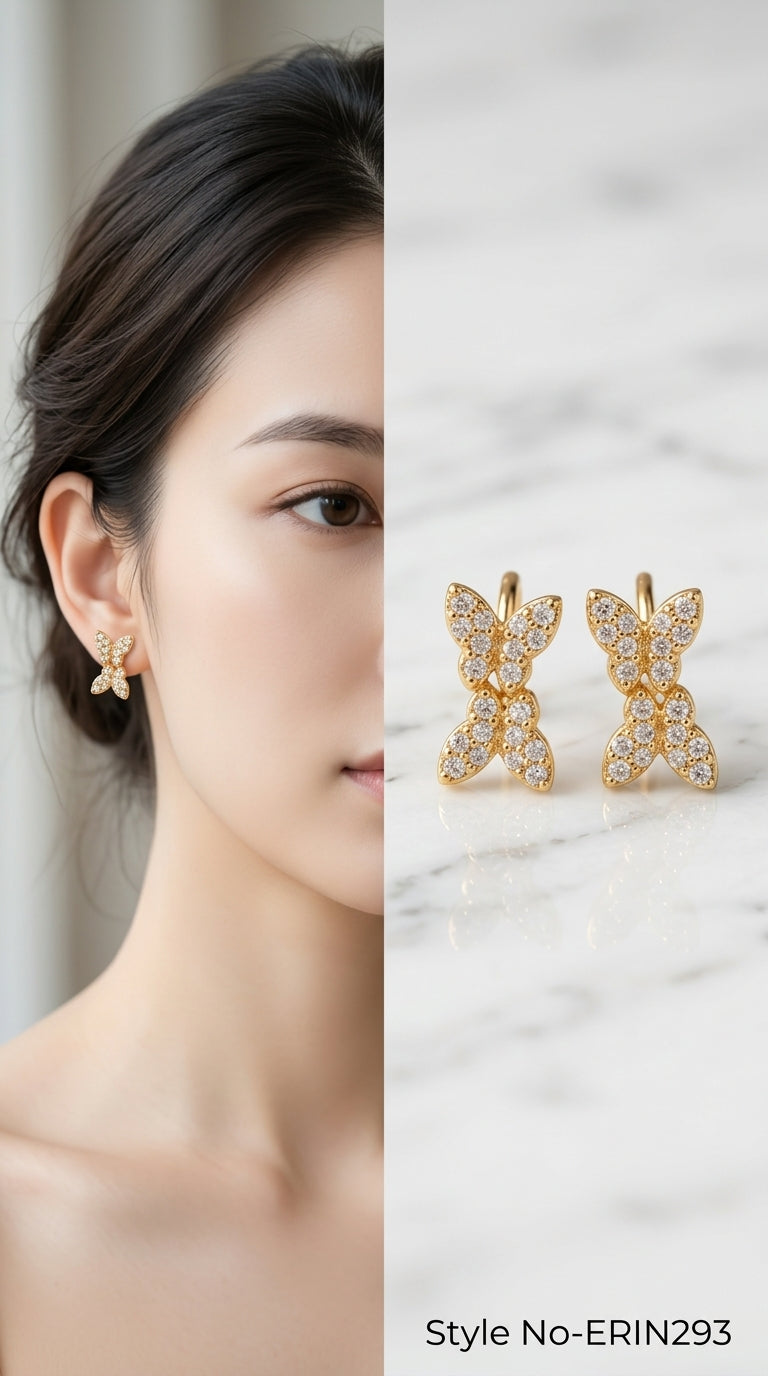 Dual butterfly pave stone vertical linked stud earrings