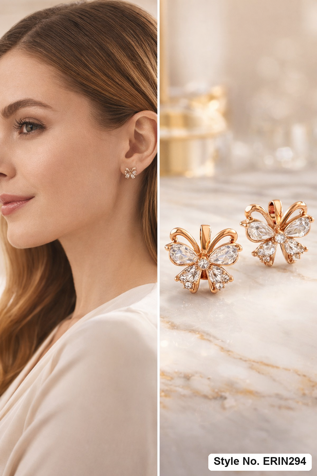 Pear cut stone butterfly wings pave bow huggie hoop earrings