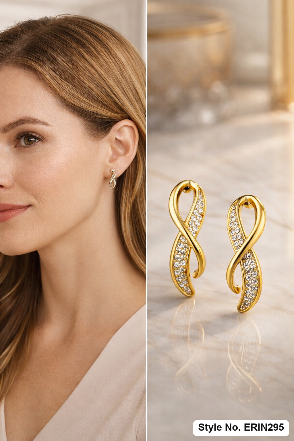 Ribbon loop pave stone crossover modern vertical stud earrings