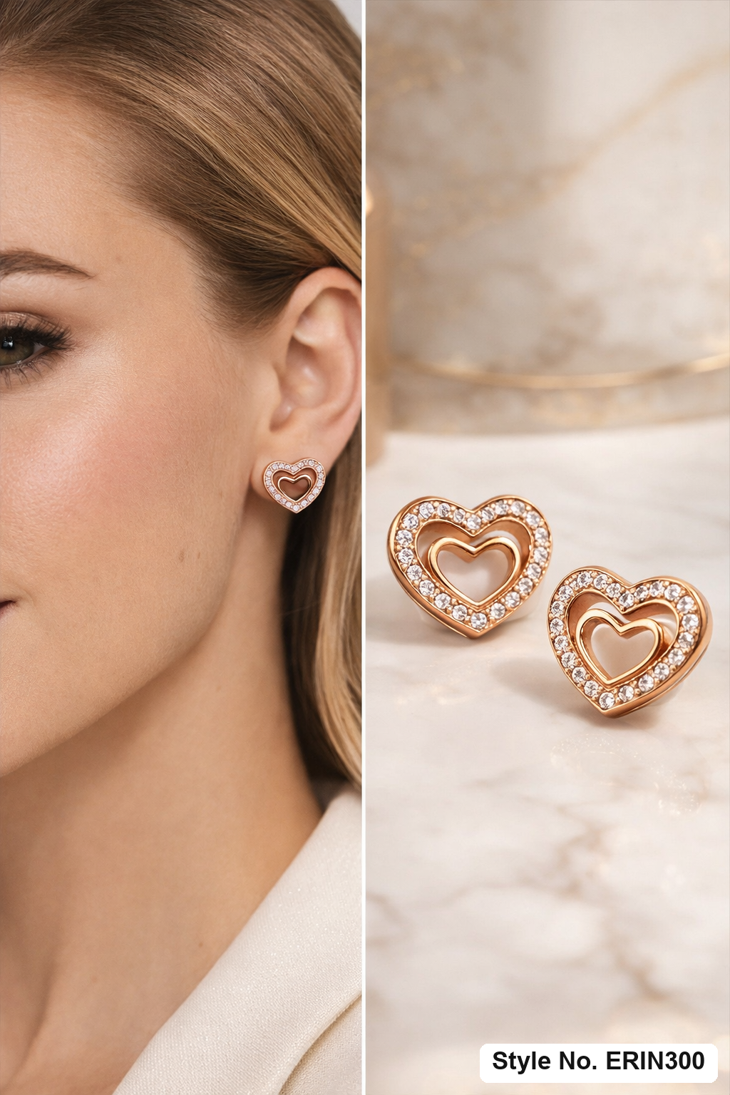 Double nested heart pave halo openwork stud earrings