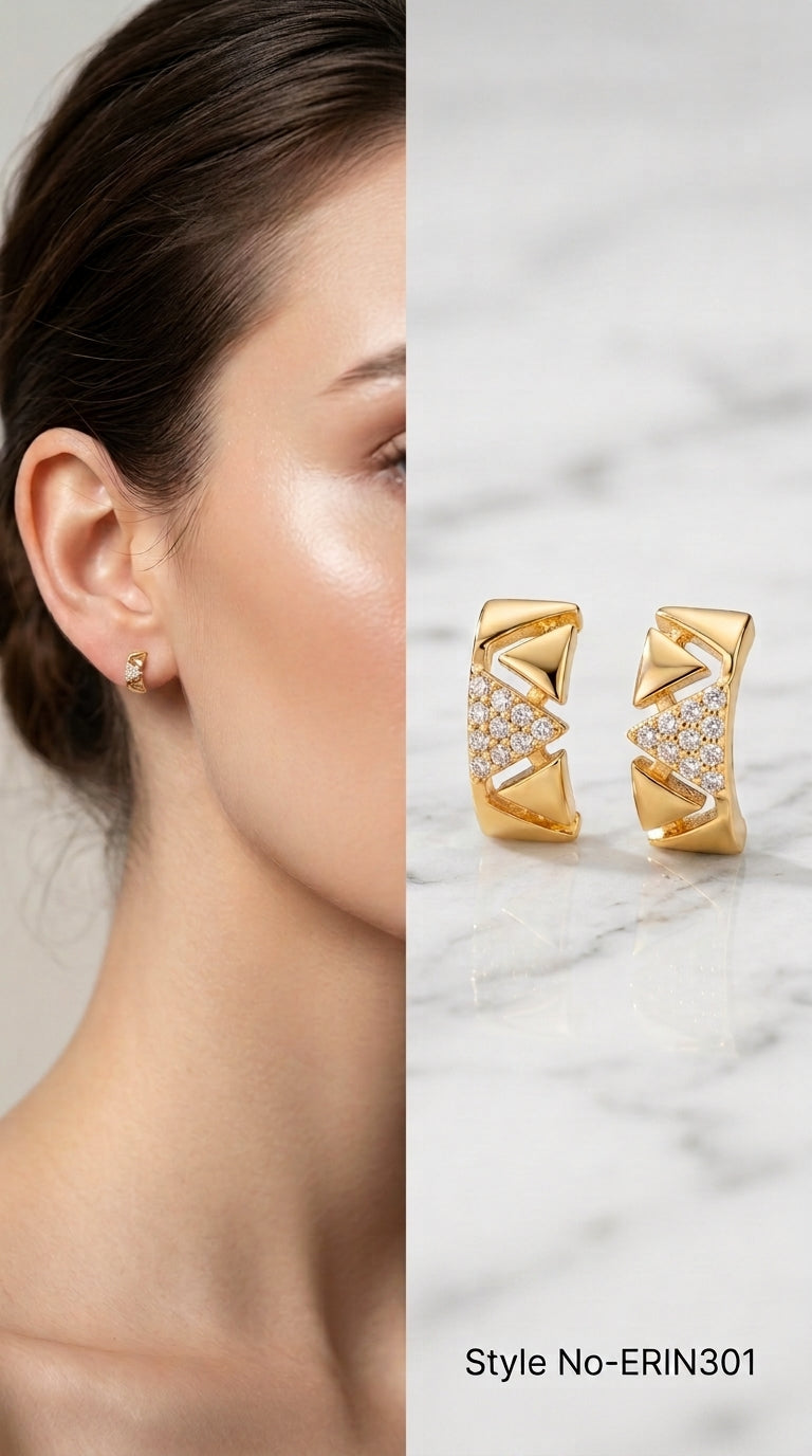 Geometric triangle mosaic pave stone segmented huggie hoop earrings