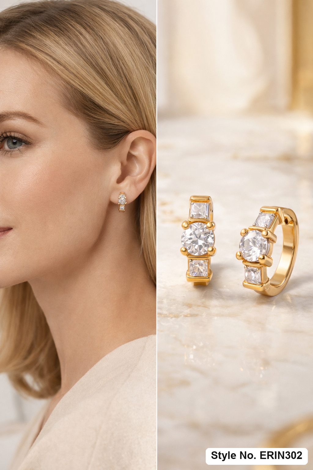 Prong set round solitaire and princess cut stone huggie earrings