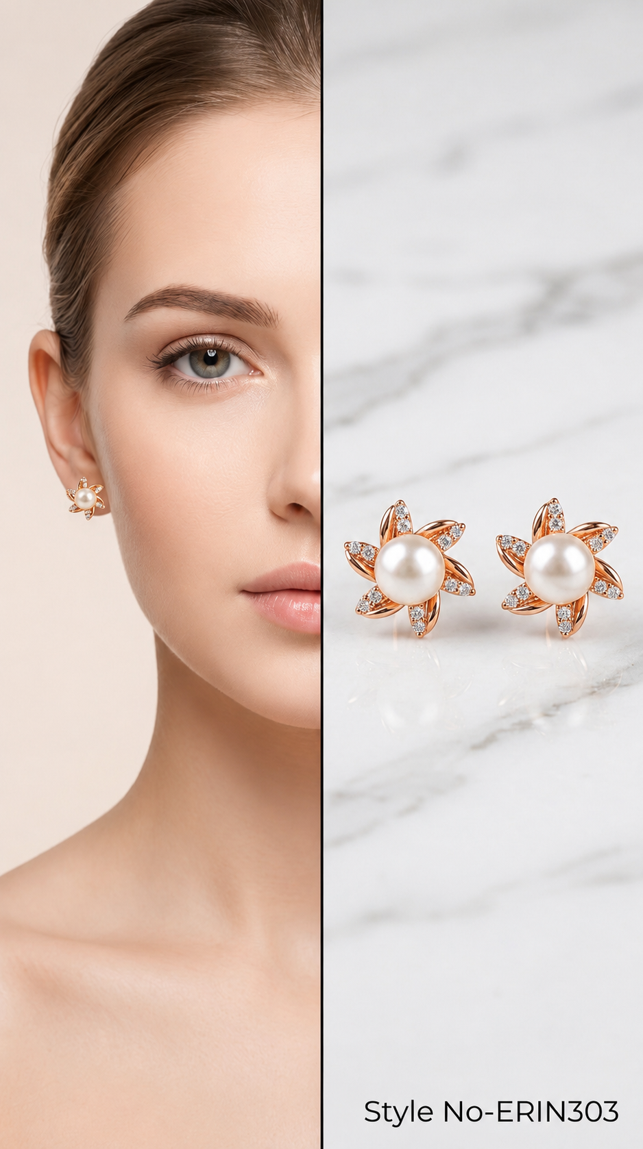 Simulated pearl center flower pave petal stud earrings