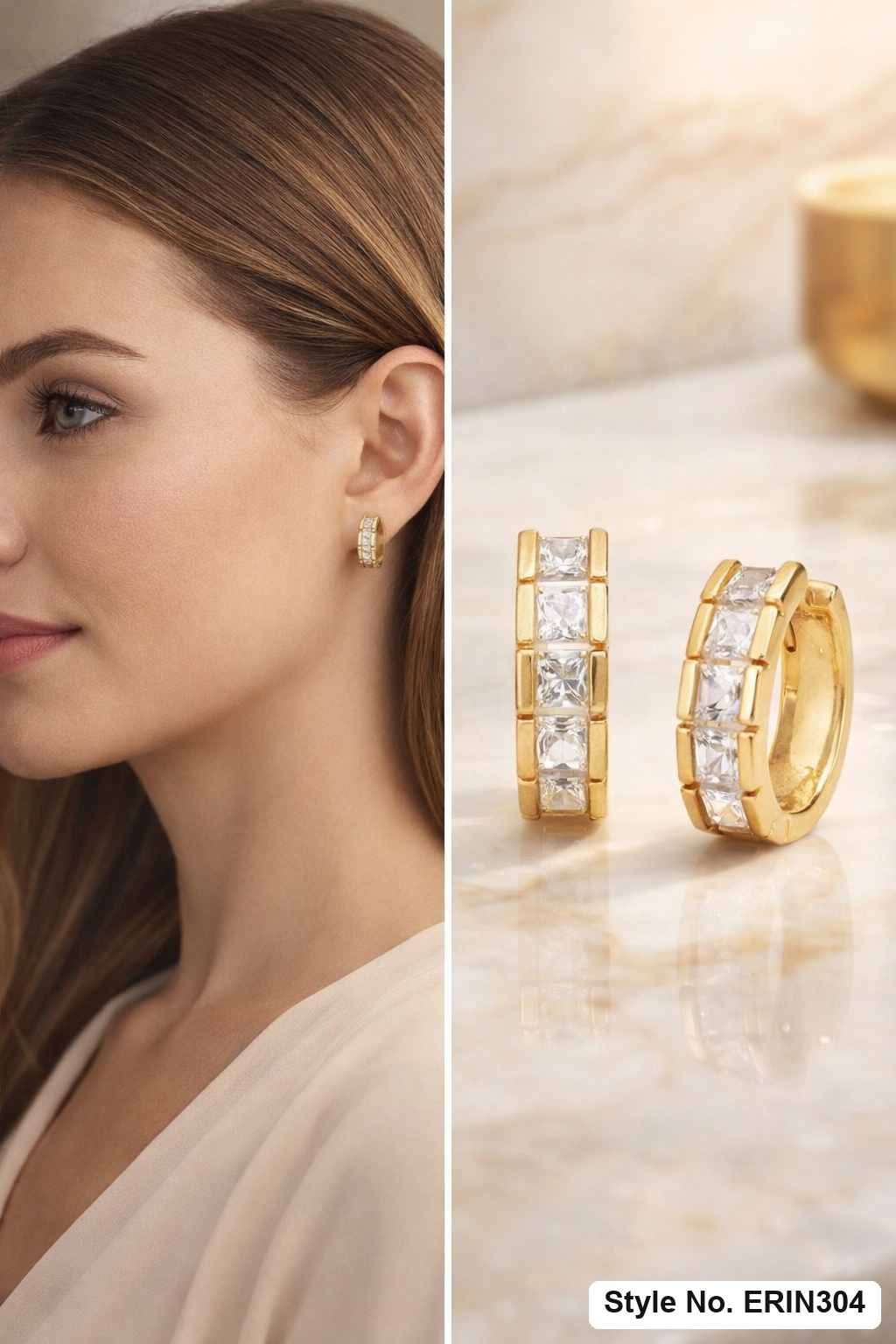 Princess cut stone channel set huggie hoop earrings