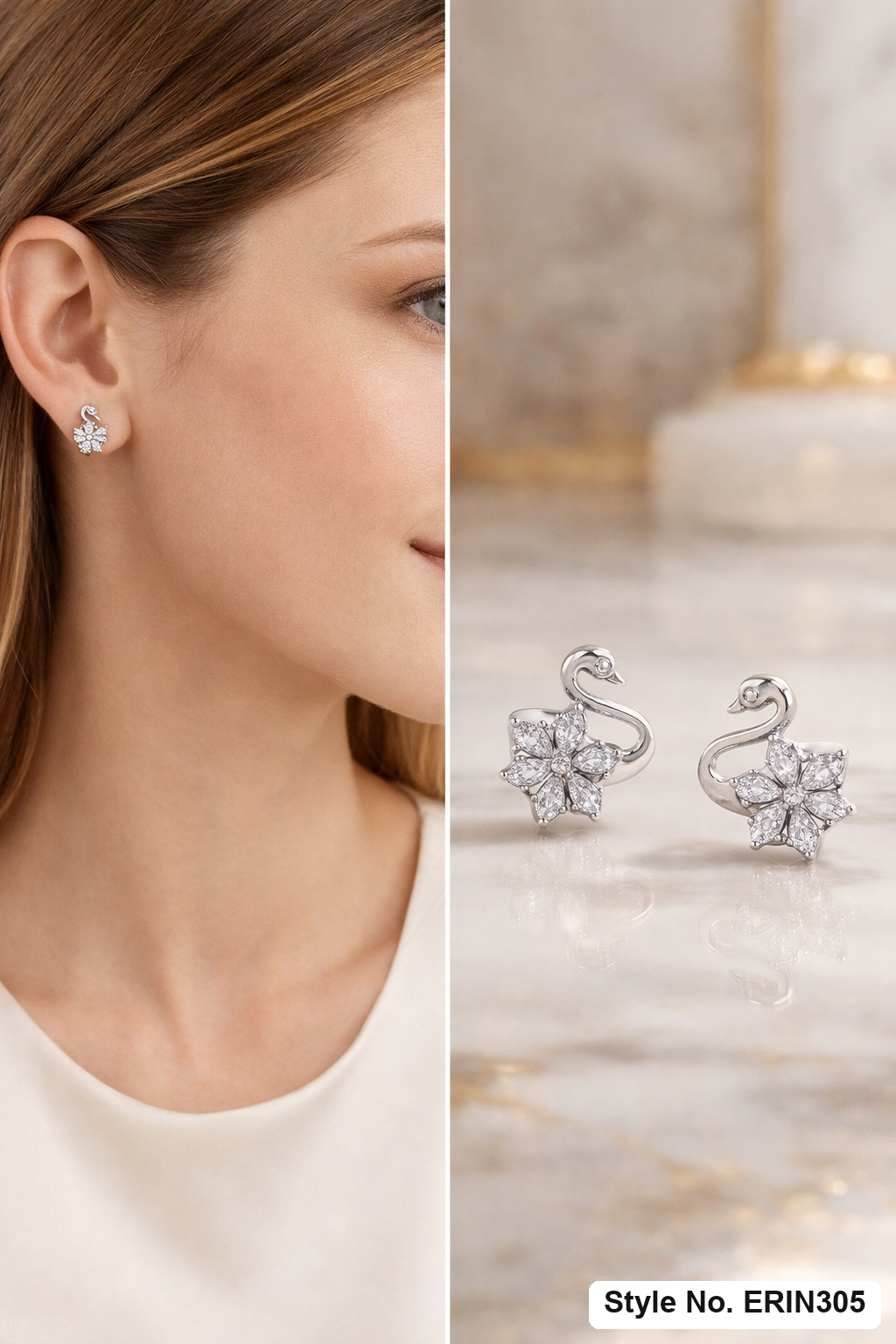 Elegant polished swan stud earrings with pear cut flower accent