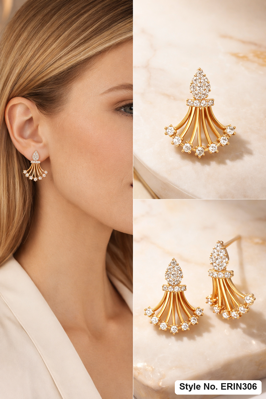 Pave teardrop top fan shaped fringe stone stud earrings