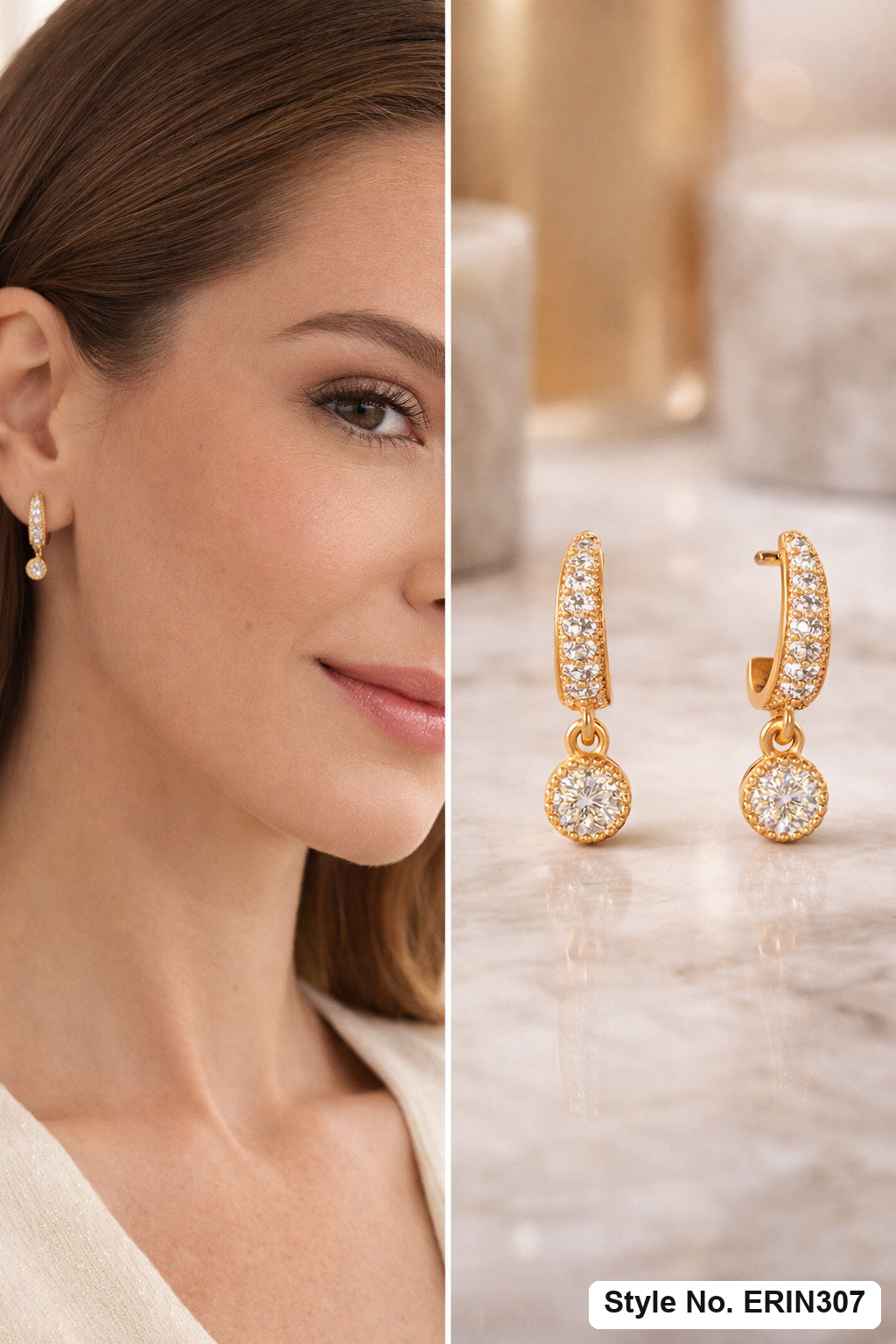 Pave set curved arch huggie solitaire bezel drop earrings