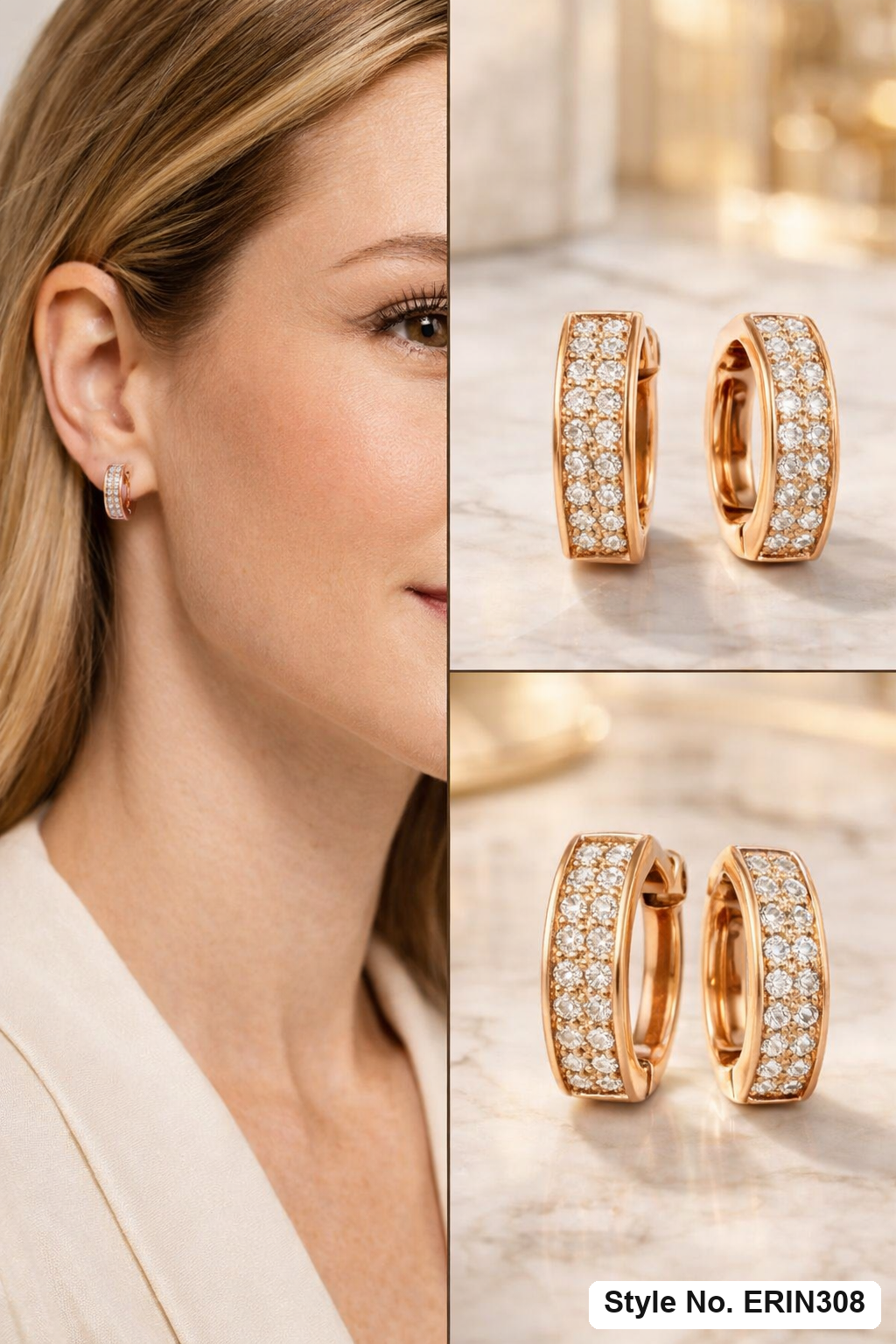 Dual row pave stone classic wide band huggie hoop earrings