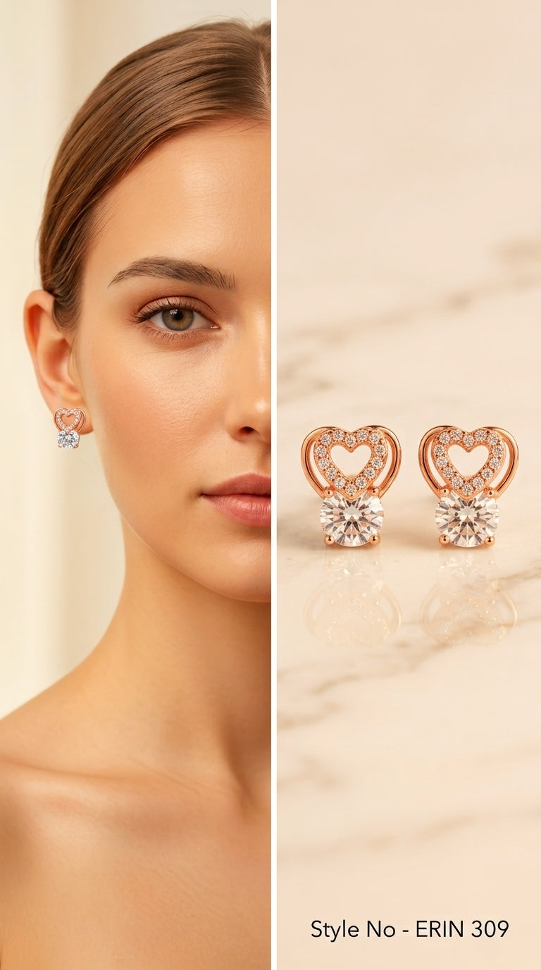 Pave open heart top round solitaire stone stud earrings