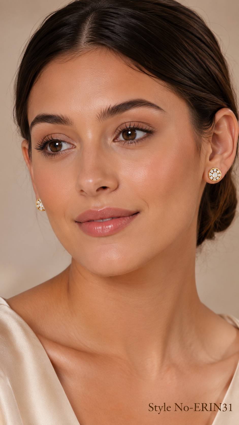 Gold Round Floral Halo Stud Earrings With Sparkling Crystal Cluster
