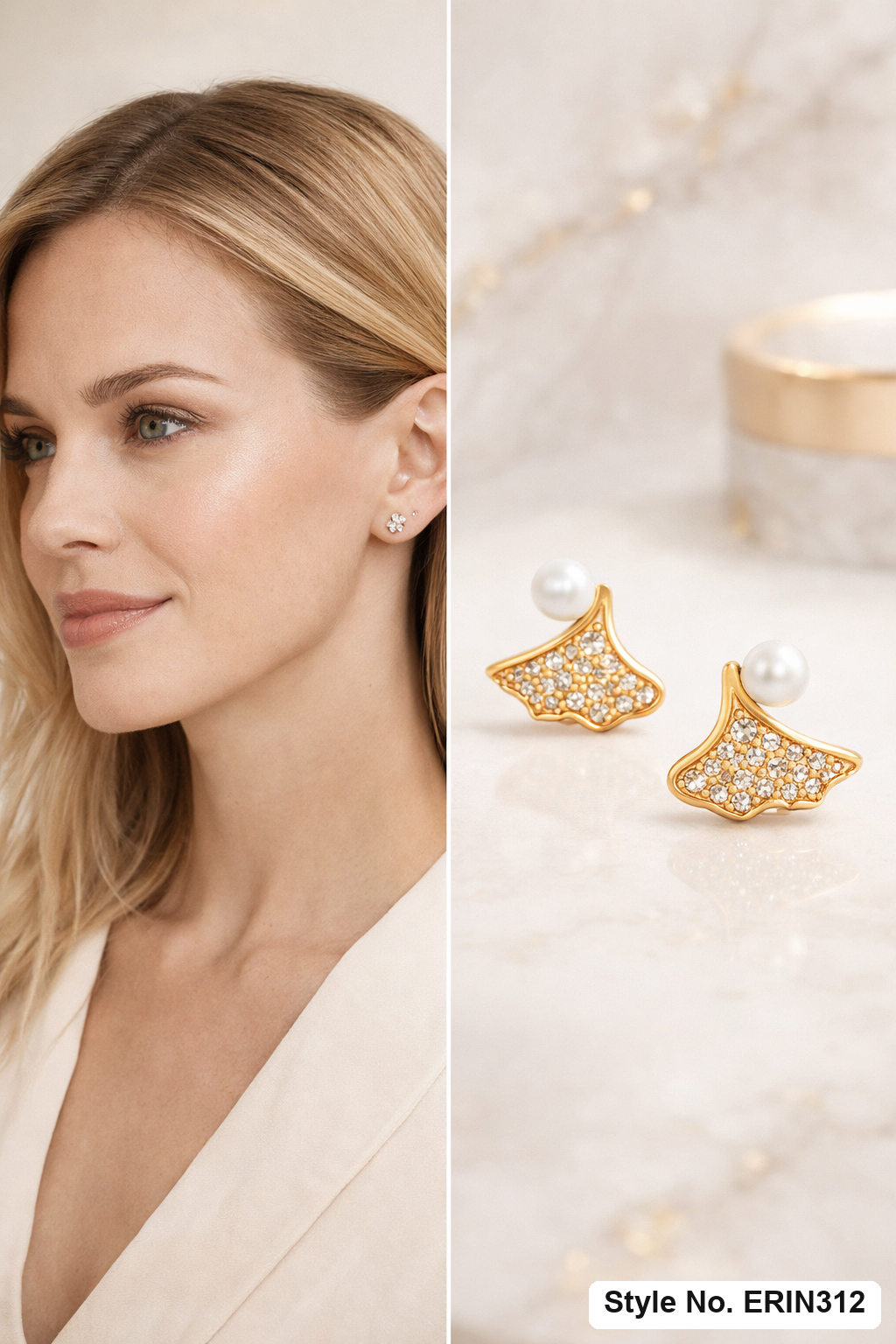 Ginkgo leaf pave stone simulated pearl stud earrings