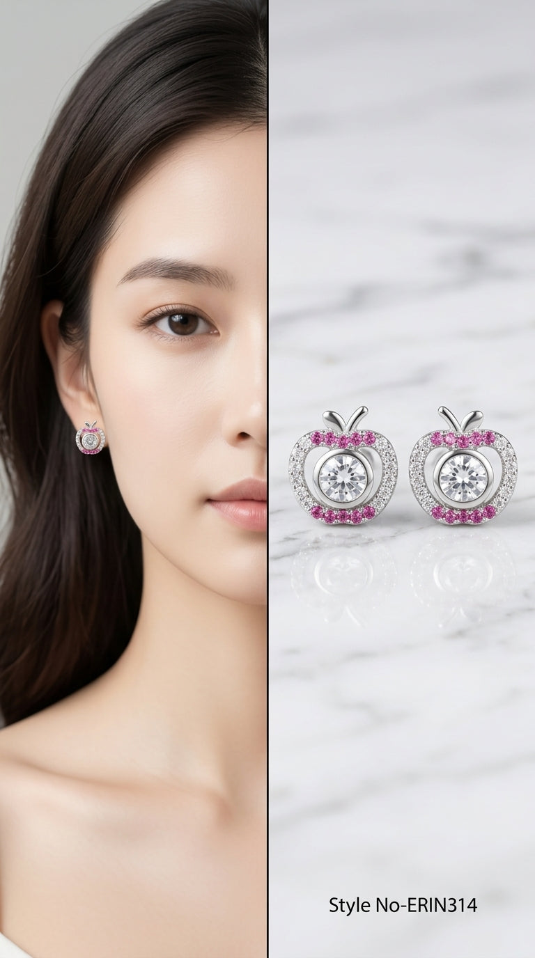 Apple silhouette pave ruby red stone bezel center stud earrings