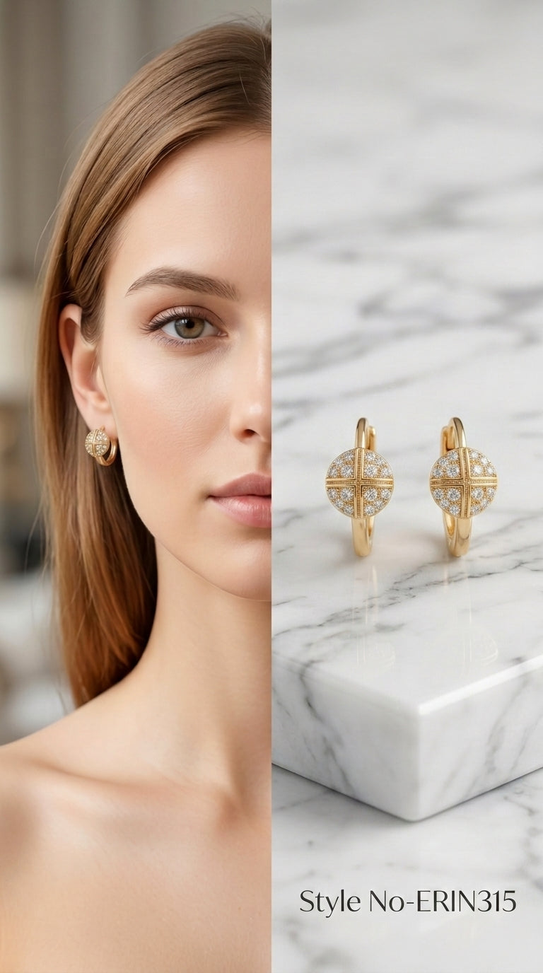 Four quadrant pave disk cross motif huggie hoop earrings