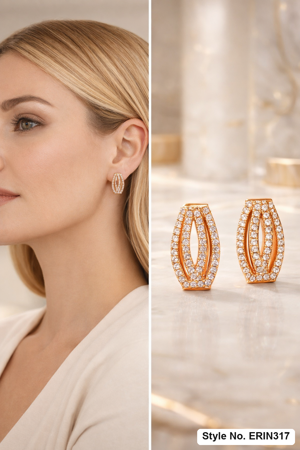 Triple strand pave split arch wide huggie hoop earrings