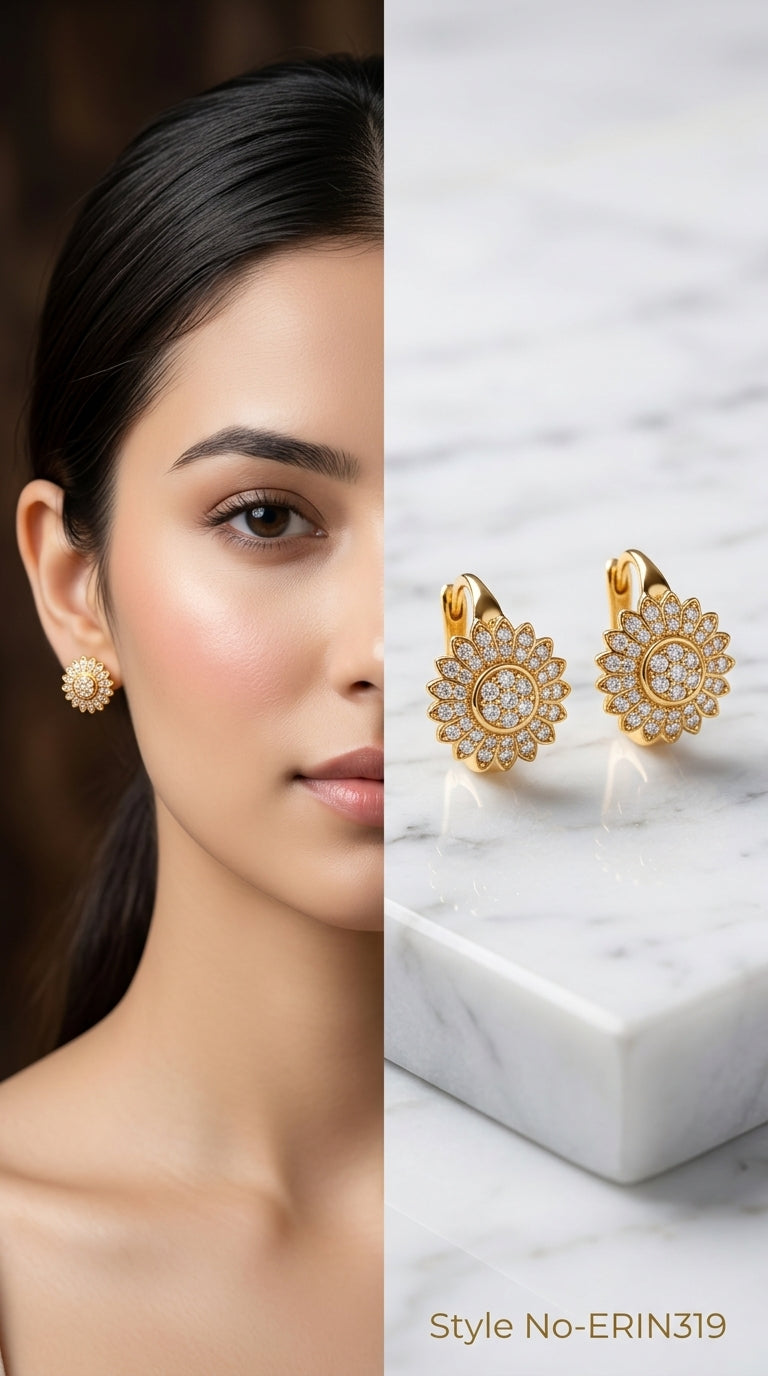 Floral sunflower cluster pave stone front huggie hoop earrings