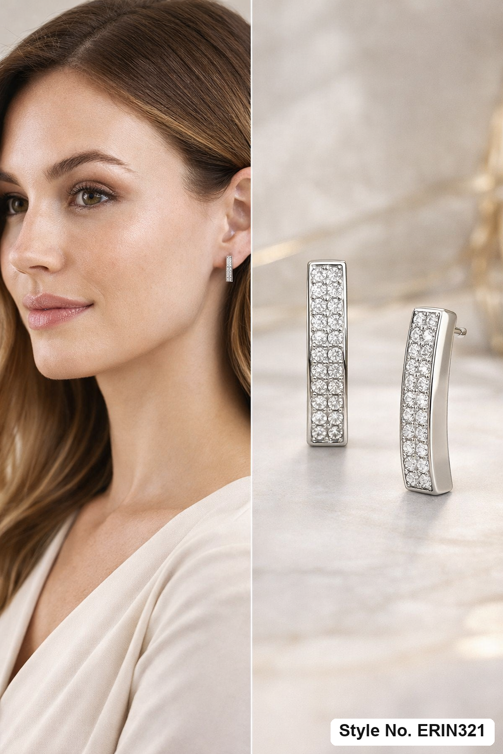 Dual row pave stone sleek linear huggie hoop earrings