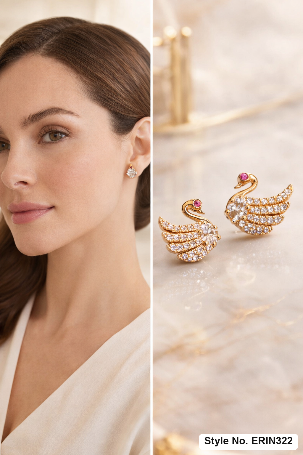 Pave feather wing swan ruby eye stone stud earrings