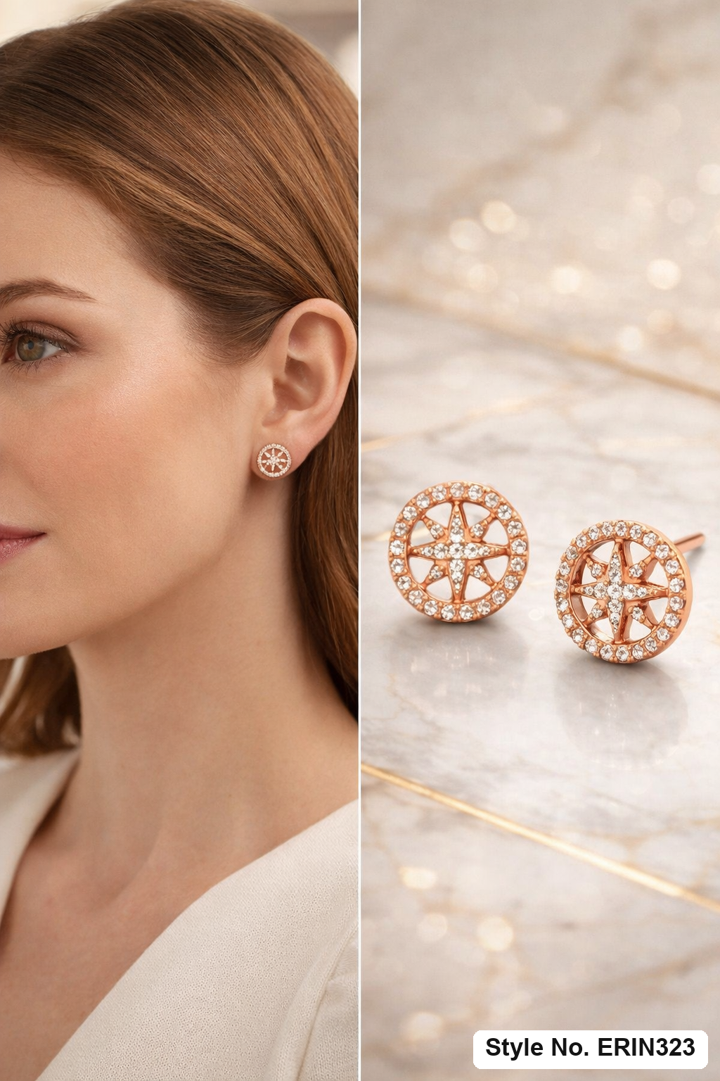 Wheel spoke halo pave stone floral center stud earrings