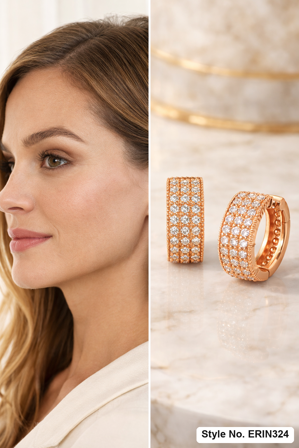 Triple row pave stone milgrain edge huggie hoop earrings