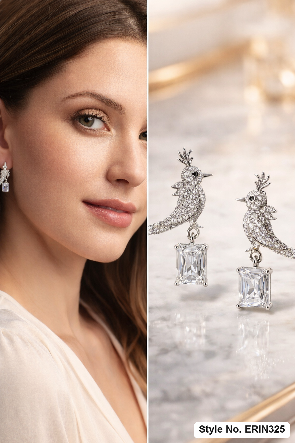 Pave bird perched on branch emerald cut dangling drop earrings