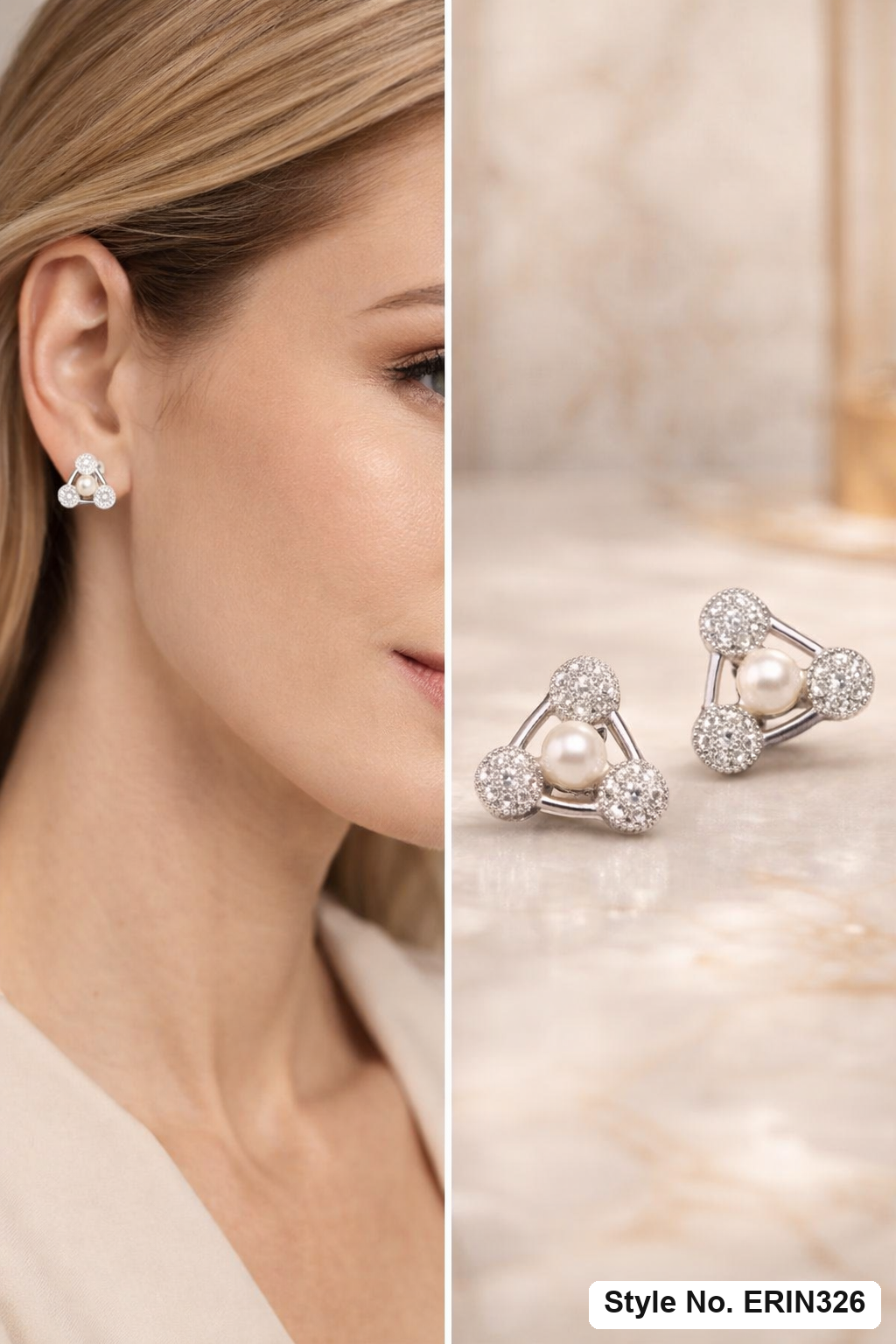 Triangular triple pave corner simulated pearl center stud earrings