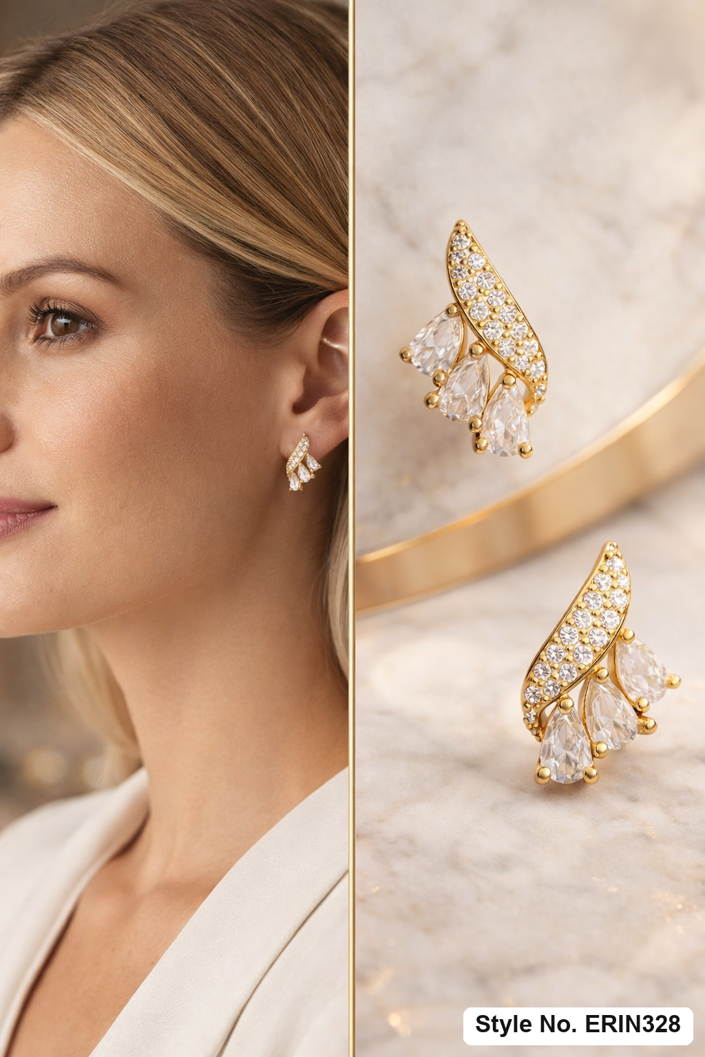 Curved pave arch cascading pear cut stone cluster earrings