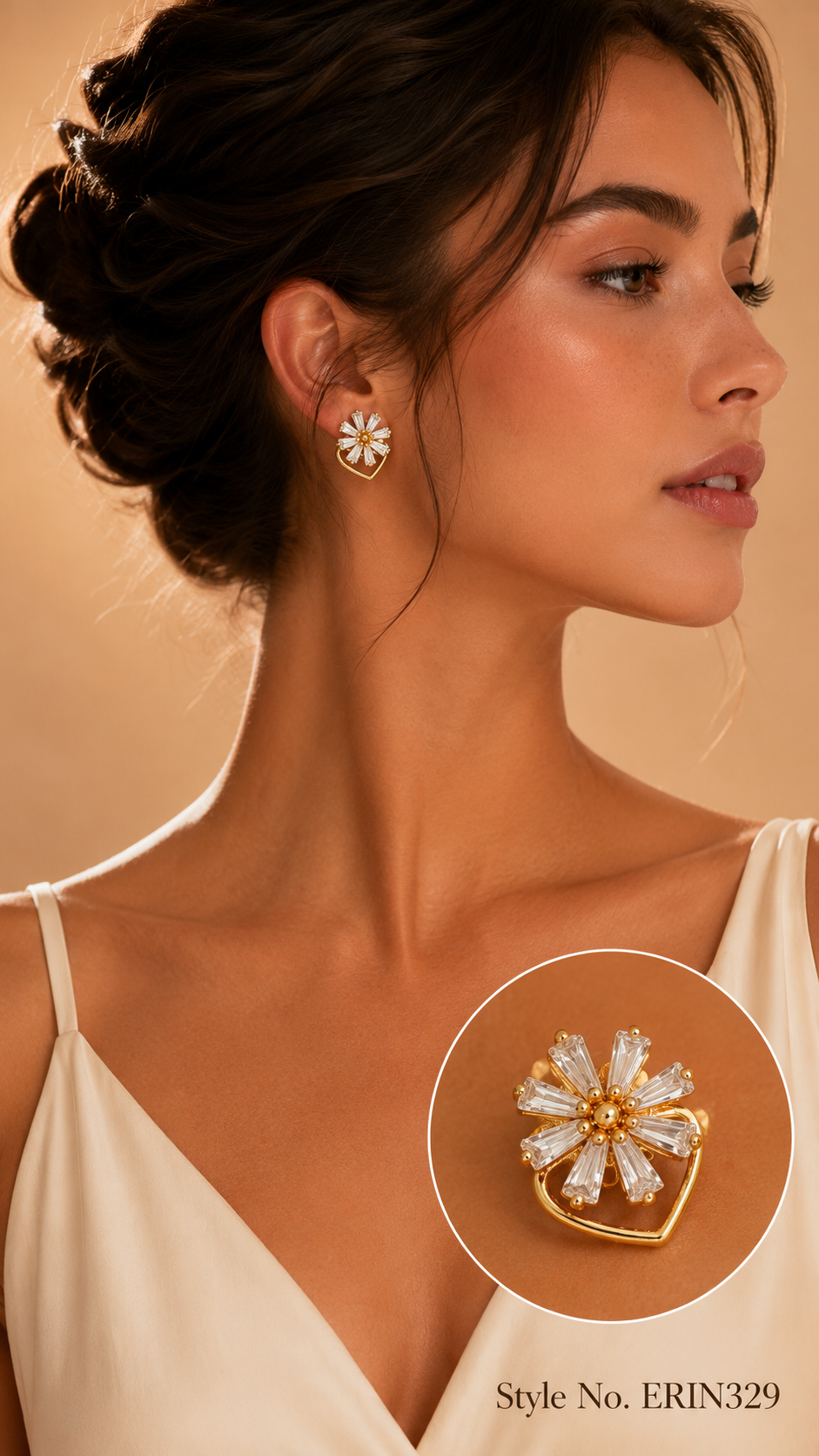 Baguette stone floral daisy heart frame stud earrings
