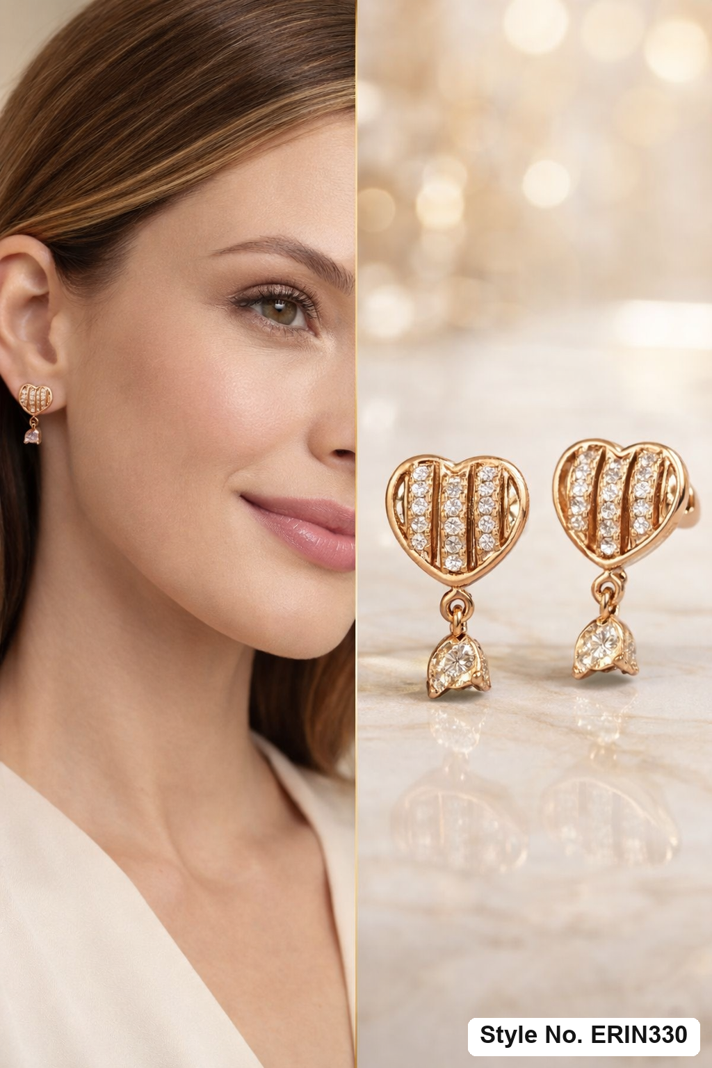 Striped pave heart frame pear cut drop earrings