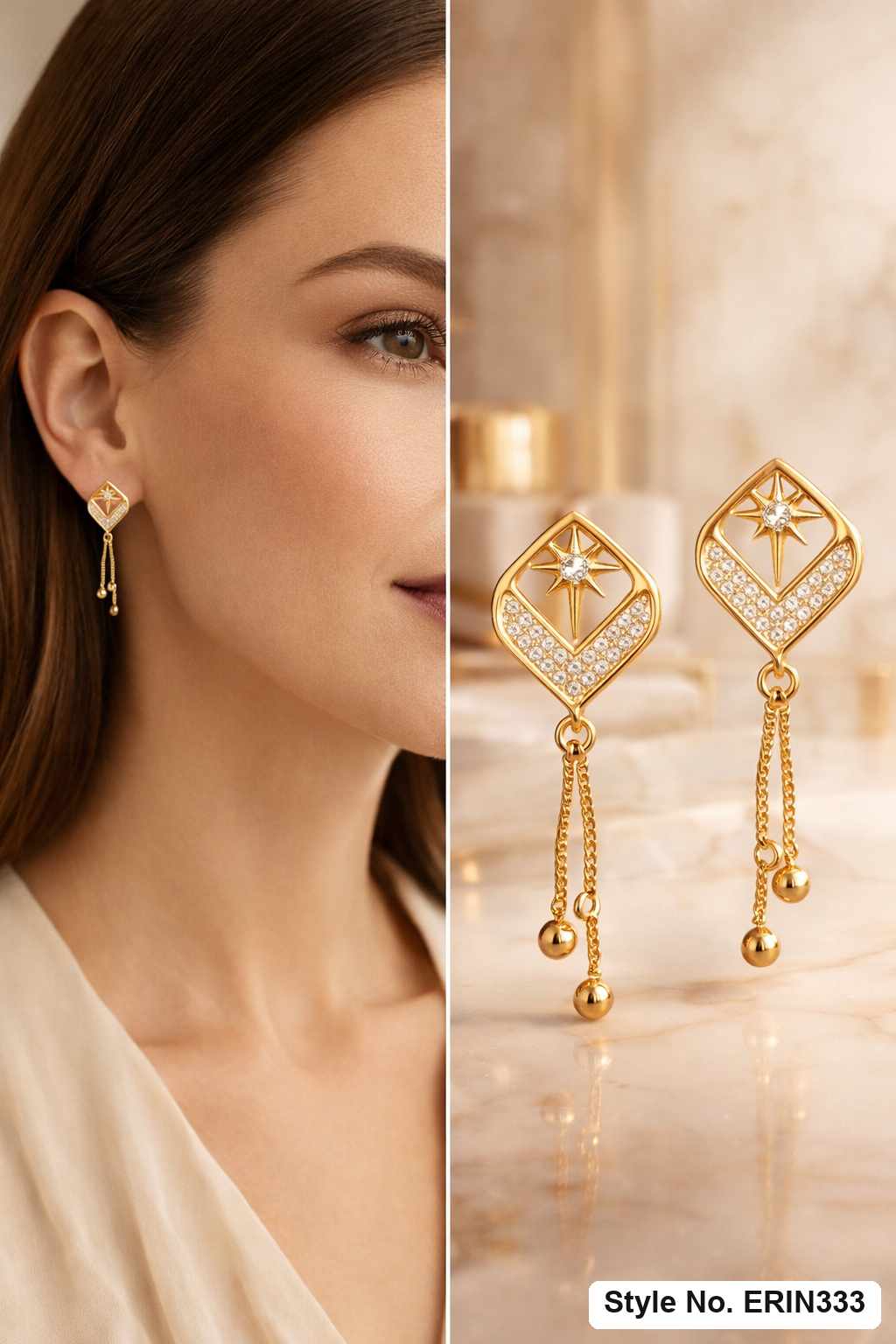 North star diamond rhombus frame dual chain drop earrings