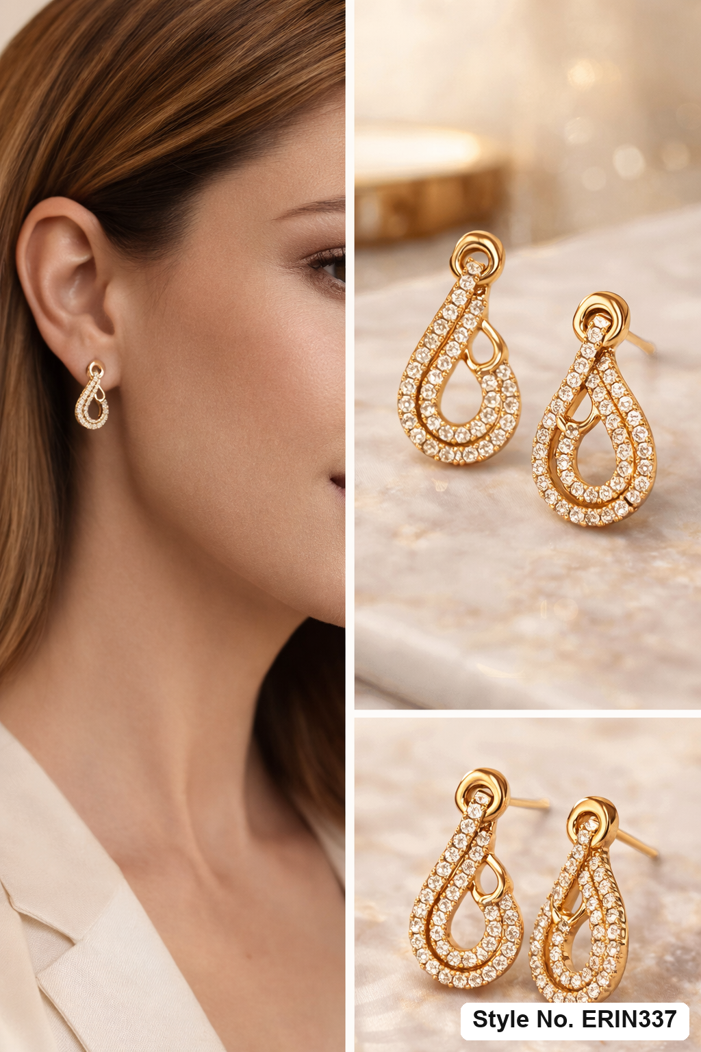 Dual pave loop asymmetrical teardrop openwork ribbon stud earrings