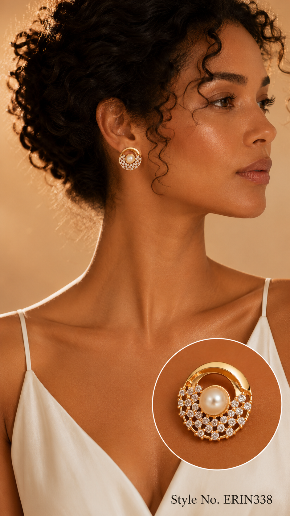 Circular openwork crescent pave frame centered pearl stud earrings
