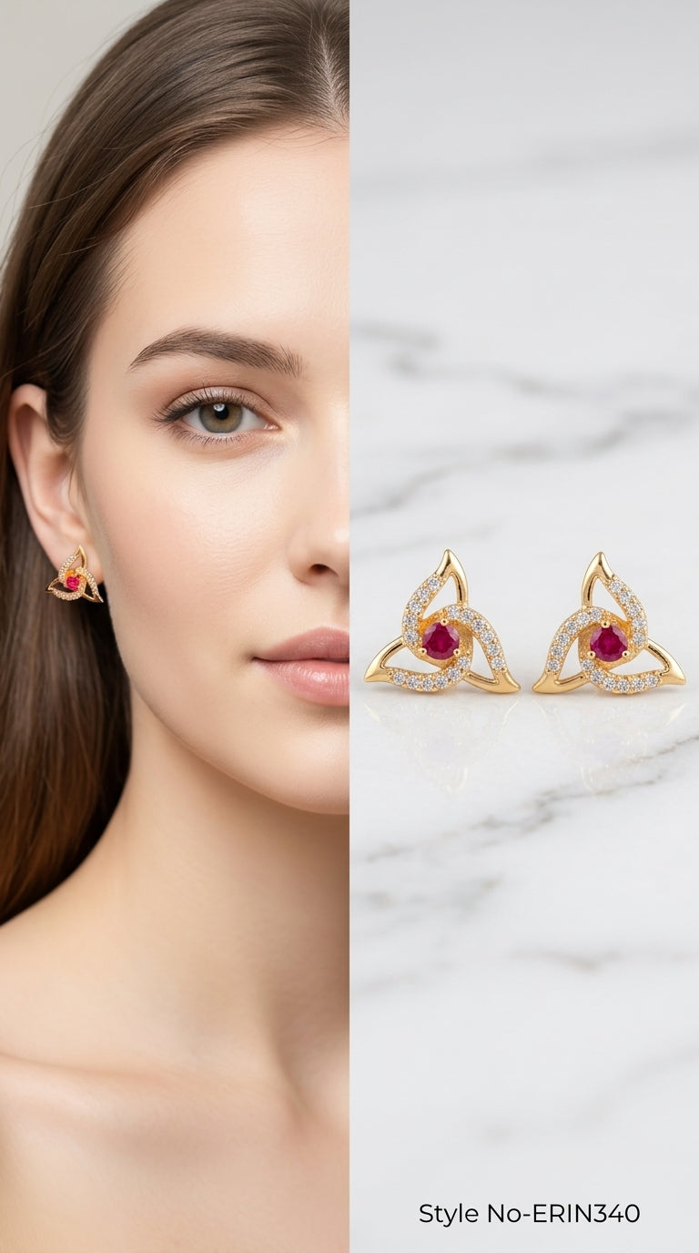 Triquetra Celtic knot pave frame ruby pink center stud earrings