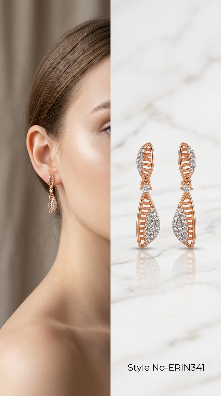 Geometric openwork ladder cage pave half leaf drop earrings