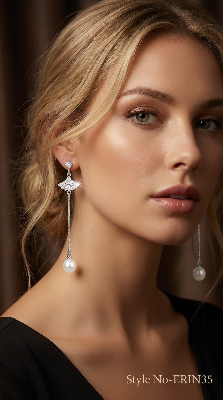 Silver Fan Long Drop Dangle Earrings With Pearl Tassel