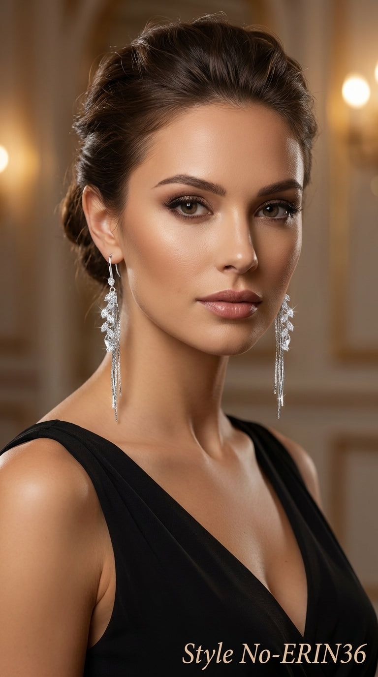 Elegant Silver Crystal Leaf Long Chain Tassel Dangle Earrings