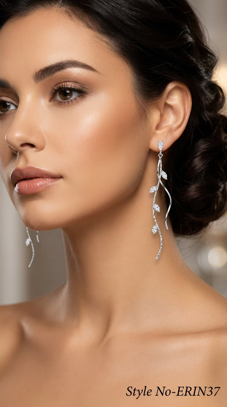 Silver Marquise Crystal Leaf Branch Long Dangle Drop Earrings