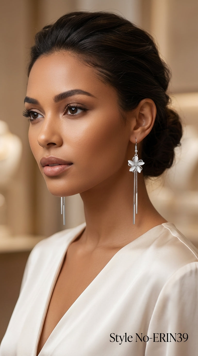 Silver Opal Flower Tassel Earrings Dainty Blossom Dangle Jewelry
