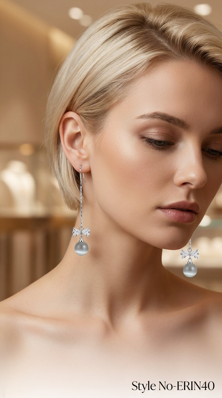 Long Chain Dangle Threader Earrings Featuring Sparkling Bowknot Charm