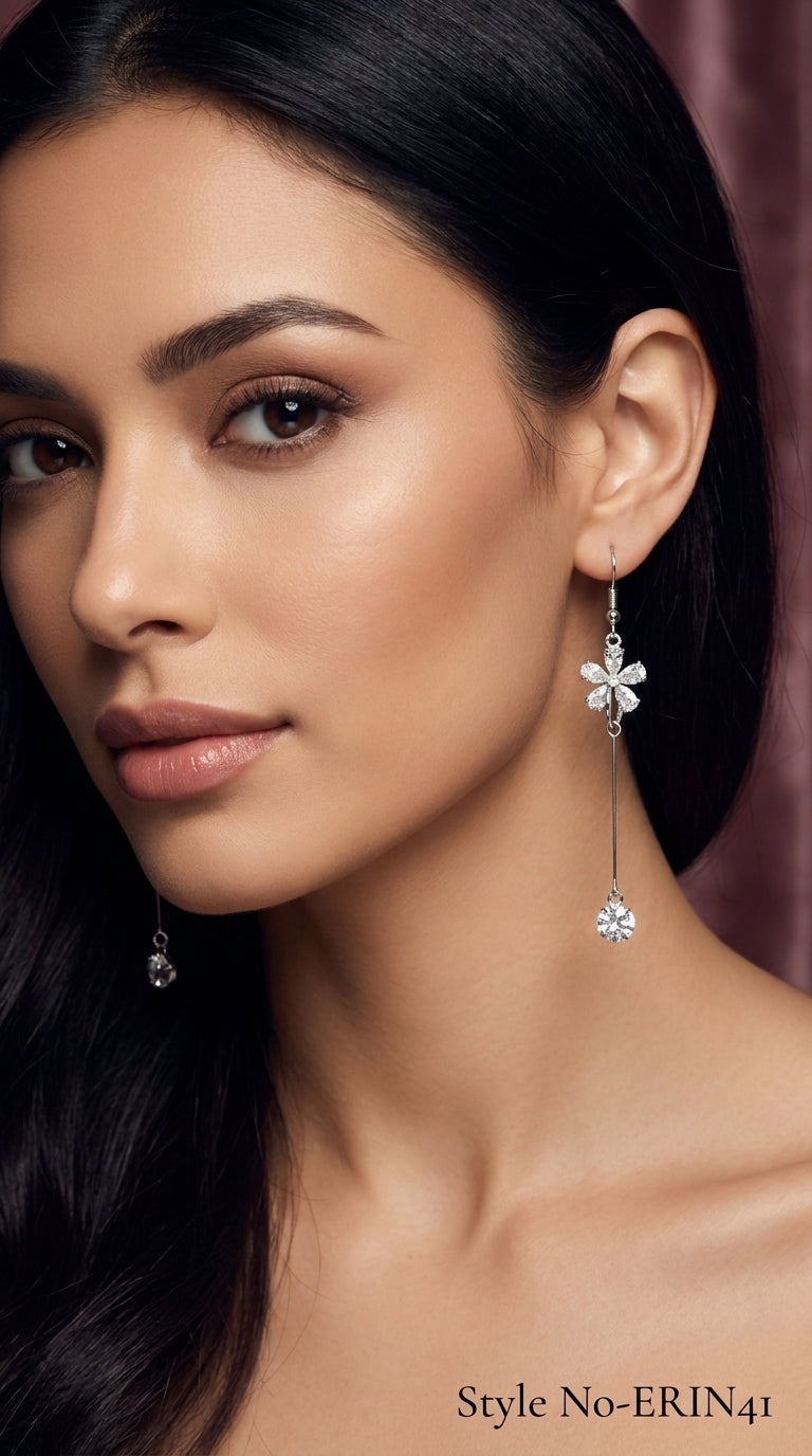 Long Wire Chandelier Earrings Suspended With Solitaire Crystal Accent
