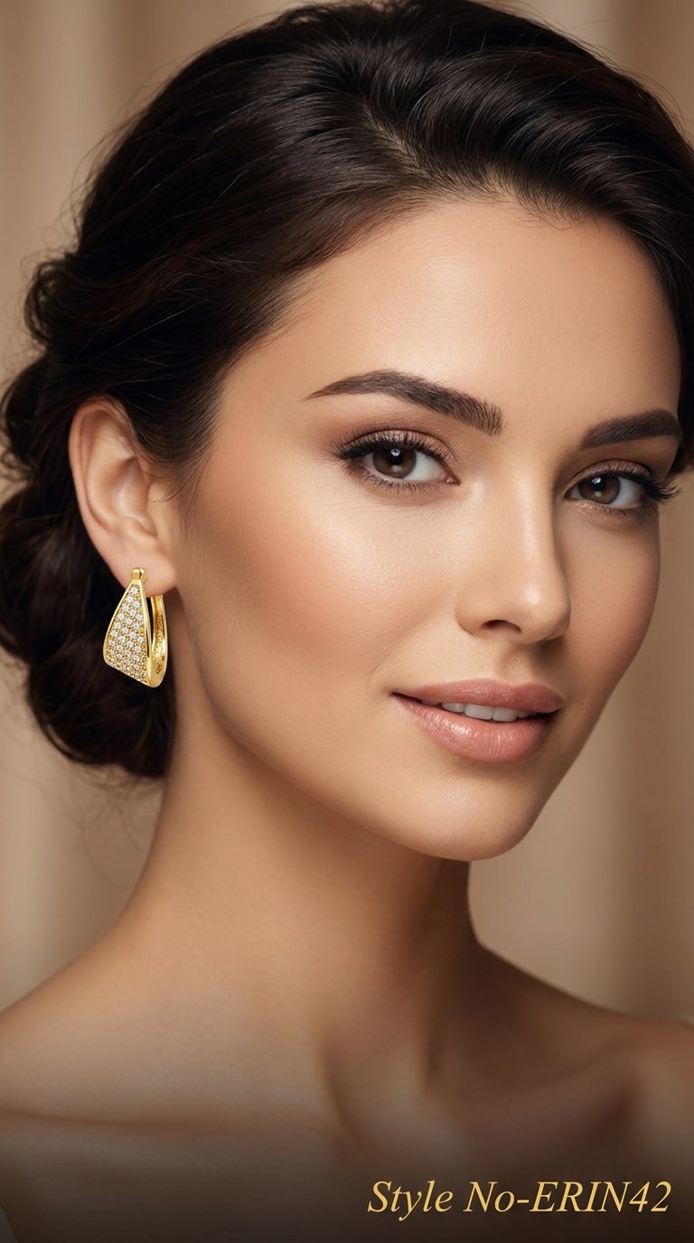 Gold Geometric Triangular Huggie Hoop Earrings With Micro Crystals
