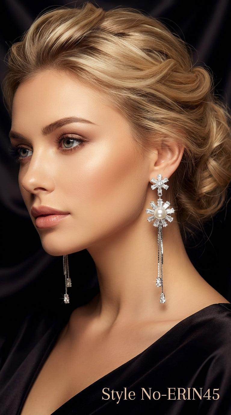 Silver Crystal Sunburst Pearl Drop Earrings With Cascading Chains