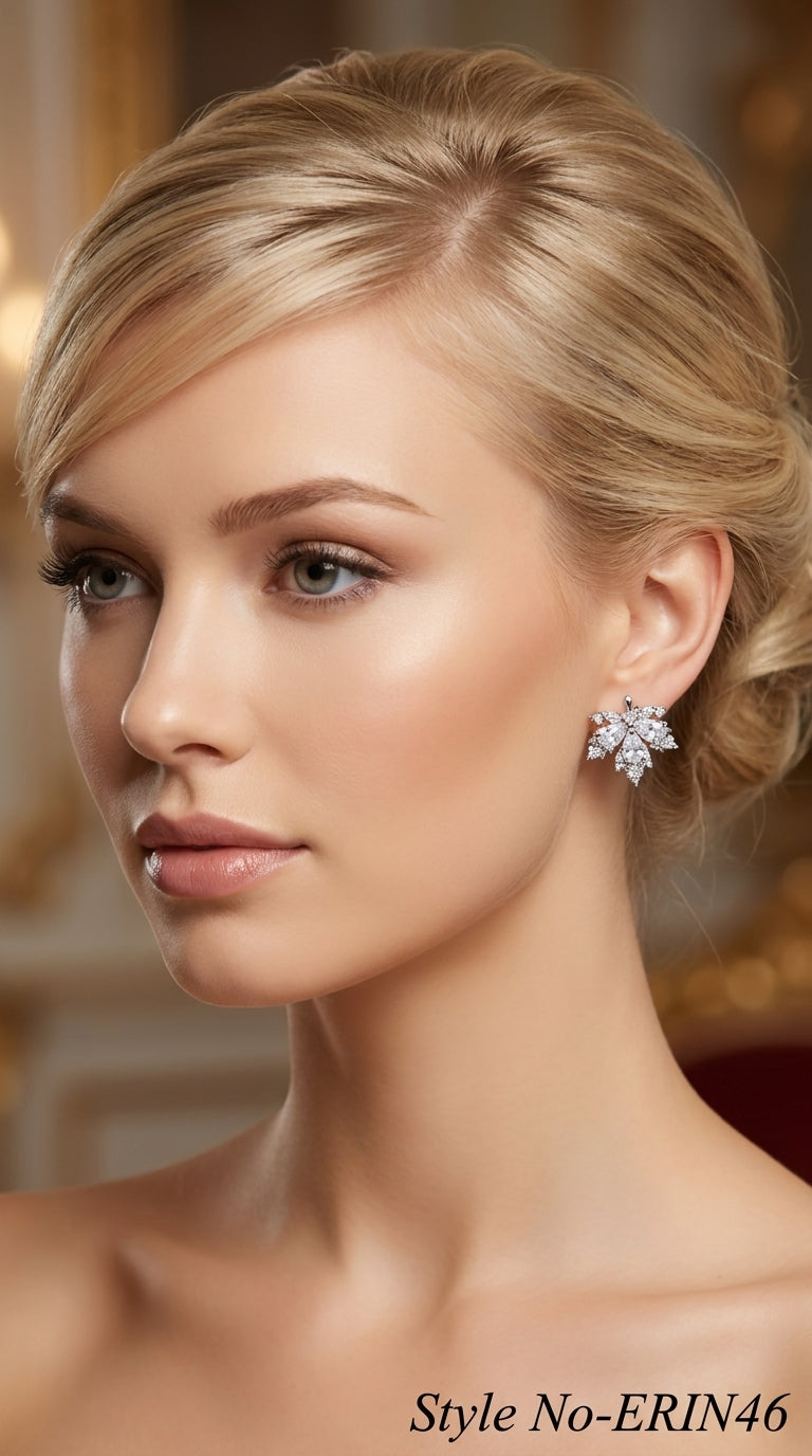 Silver Crystal Maple Leaf Stud Earrings Sparkling Botanical Cluster Jewelry