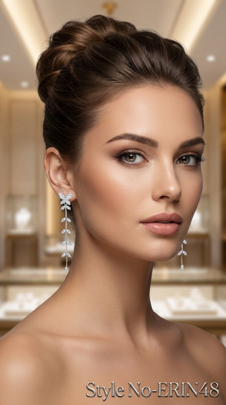 Silver Crystal Butterfly Vine Long Drop Earrings For Women