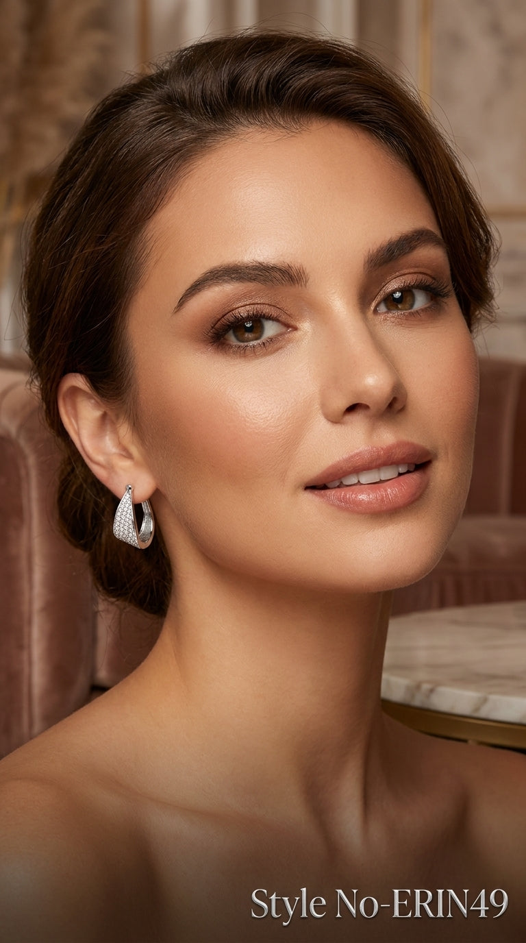 Silver Geometric Triangular Huggie Hoop Earrings With Micro Crystals